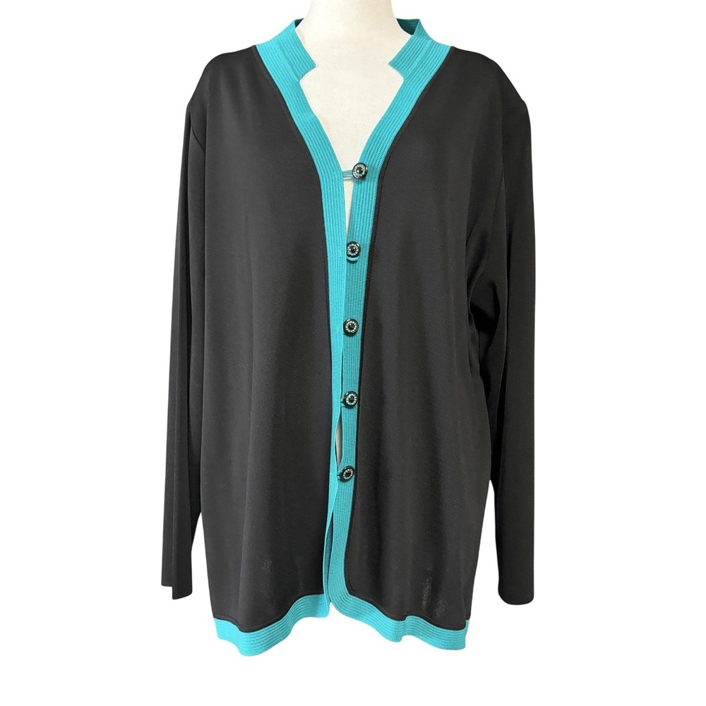 Exclusively Misook Cardigan Sweater Womens 2X Black Turquoise Rhinestone Knit